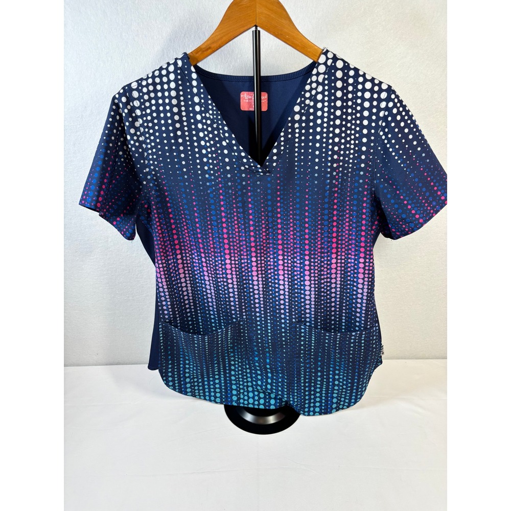 Ava Therese Women Navy Blue Pink Ombre Dot V-Neck Scrub Top Medium 1102 DZDT